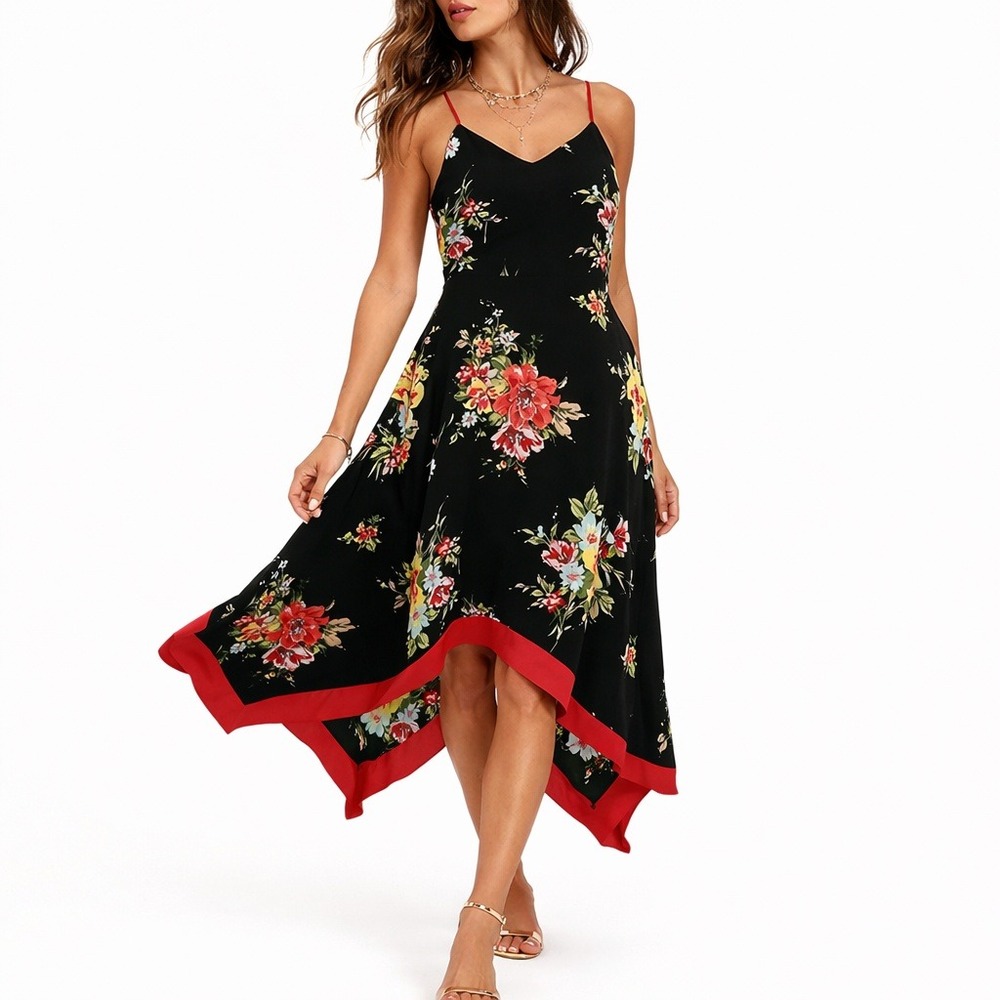 LULUS Go‎ Fleur a Twirl Black Floral Print Handkerchief Midi Dress. Size Small